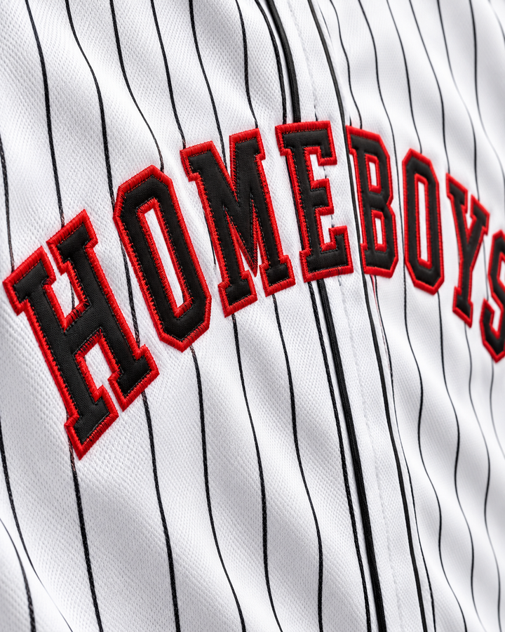 Embroidery detail product mockup of Warren G 2 Homeboys Pinstriped Rock N' Jock 1995 Baseball Jersey.