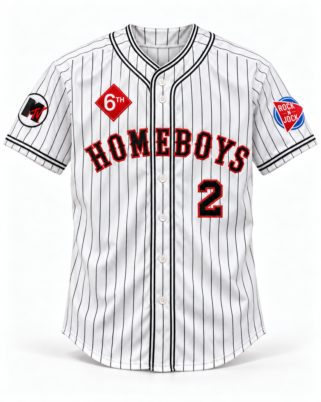 Front product mockup of Warren G 2 Homeboys Pinstriped Rock N' Jock 1995 Baseball Jersey.