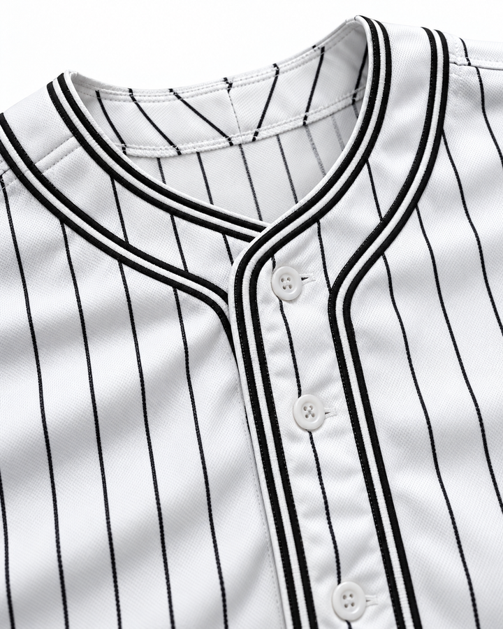 Neckline and fabric detail product mockup of Warren G 2 Homeboys Pinstriped Rock N' Jock 1995 Baseball Jersey.