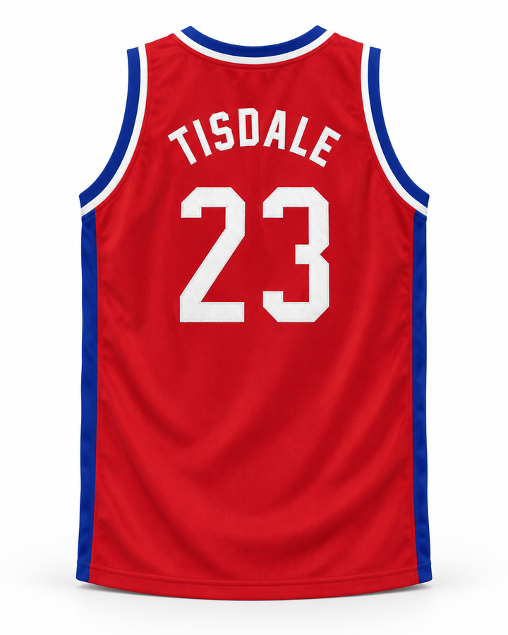 Back product mockup of Wayman Tisdale 23 Larry's Game 1988 Red Basketball Jersey.