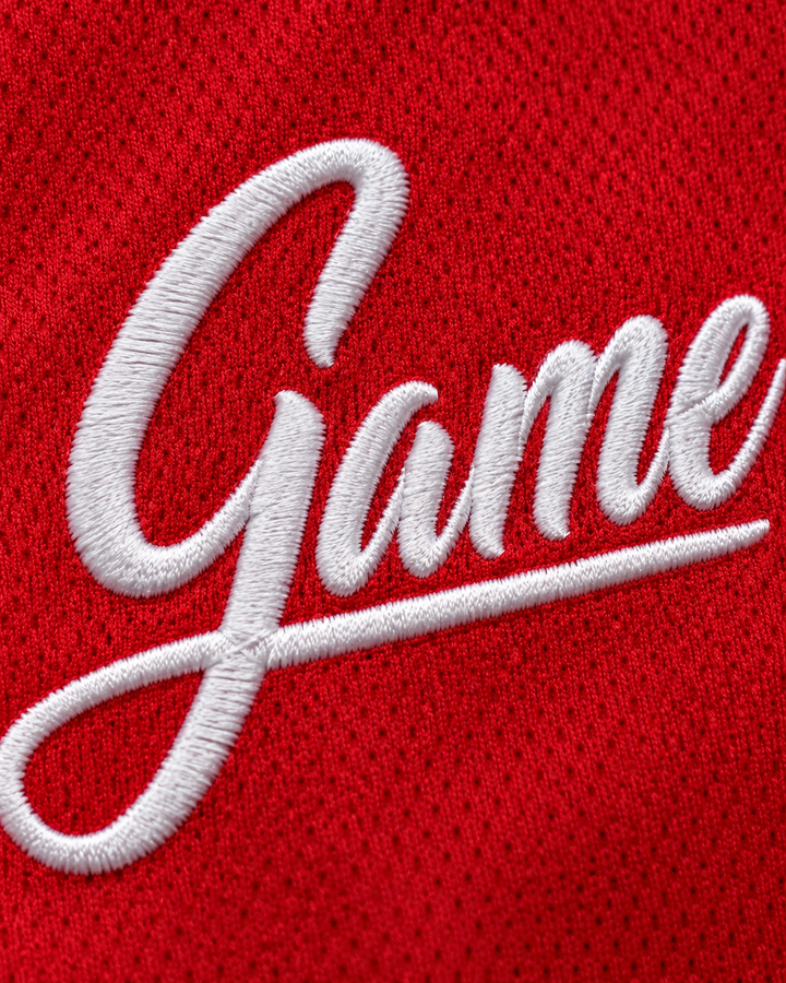 Embroidery detail product mockup of Wayman Tisdale 23 Larry's Game 1988 Red Basketball Jersey.