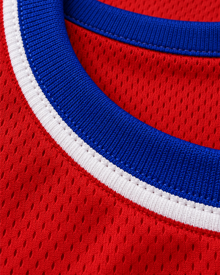 Neckline and fabric detail product mockup of Wayman Tisdale 23 Larry's Game 1988 Red Basketball Jersey.