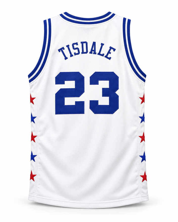 Back product mockup of Wayman Tisdale 23 Magic Johnson All Star 1990 White Basketball Jersey.