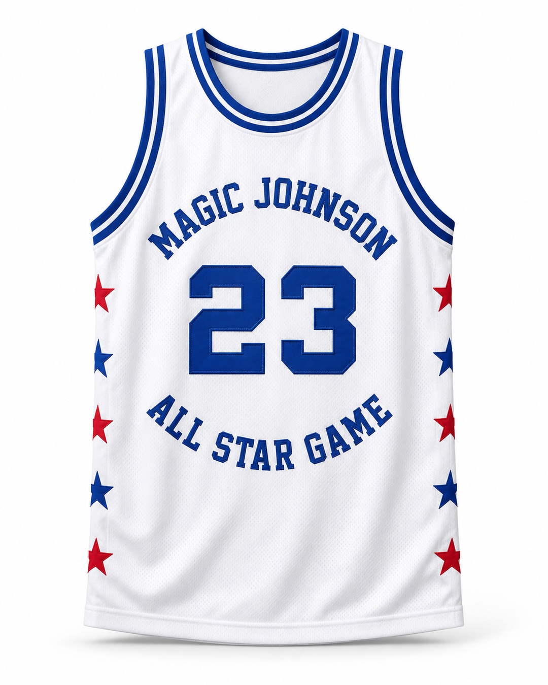 Front product mockup of Wayman Tisdale 23 Magic Johnson All Star 1990 White Basketball Jersey.