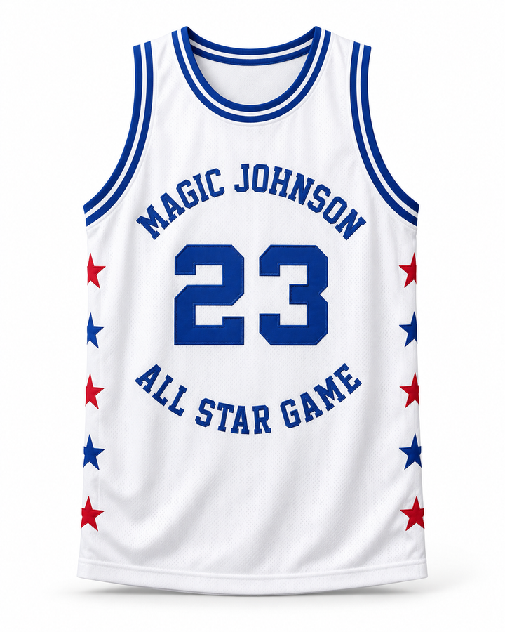 Front product mockup of Wayman Tisdale 23 Magic Johnson All Star 1990 White Basketball Jersey.