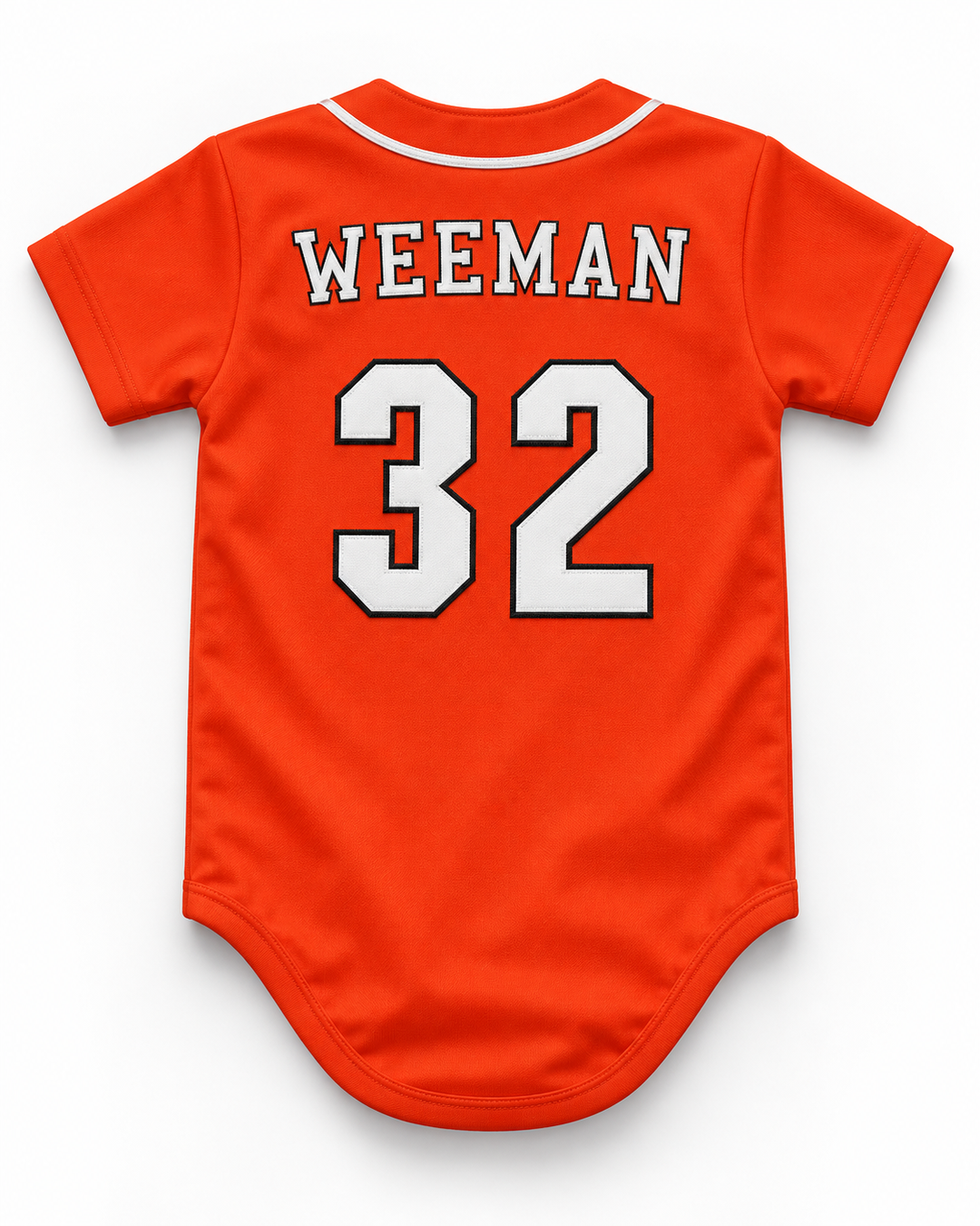 Back product mockup of Wee Man 32 Swallows Play Ball Orange Baseball Jersey.