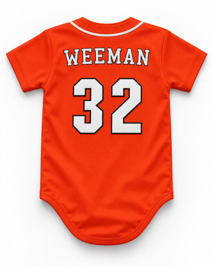 Back product mockup of Wee Man 32 Swallows Play Ball Orange Baseball Jersey.