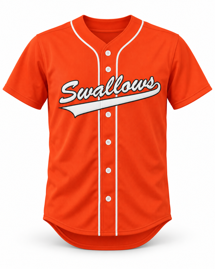 Front product mockup of Wee Man 32 Swallows Play Ball Orange Baseball Jersey.