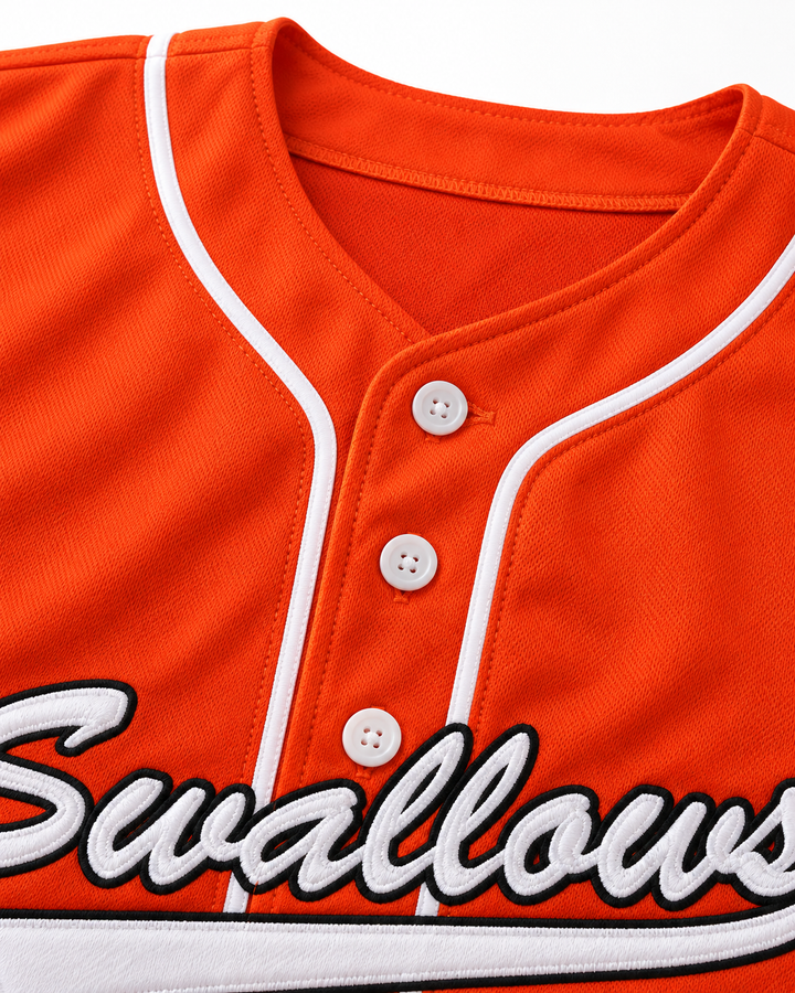 Neckline and fabric detail product mockup of Wee Man 32 Swallows Play Ball Orange Baseball Jersey.