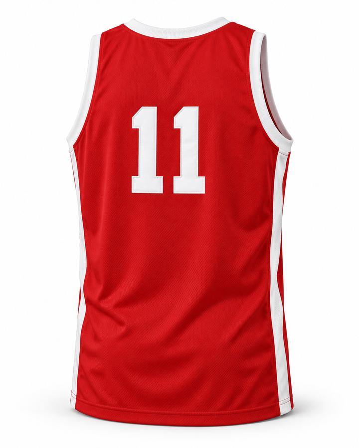 Back product mockup of Wes Matthews 11 Push Excel 1985 Red Basketball Jersey.