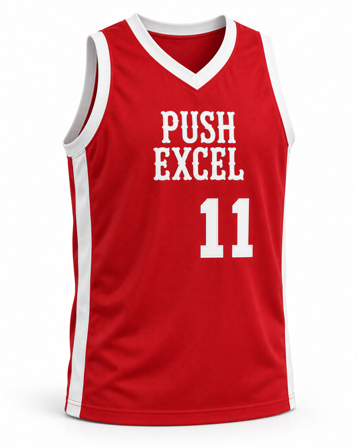 Front product mockup of Wes Matthews 11 Push Excel 1985 Red Basketball Jersey.