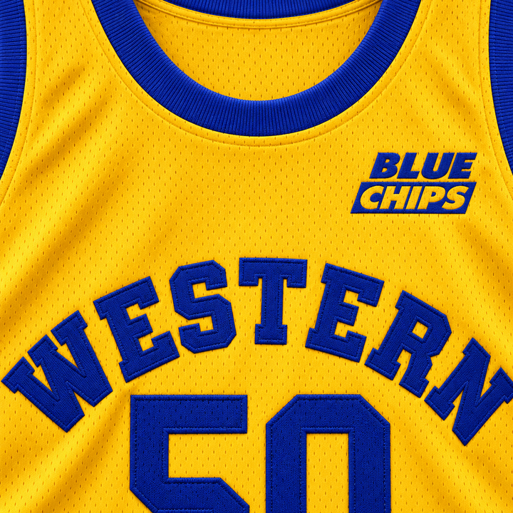 Close-up product mockup of stitched WESTERN lettering, the Blue Chips chest logo and blue ribbed neckline on yellow mesh fabric.