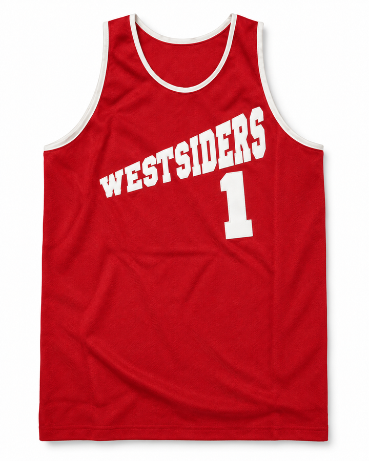 Front product mockup of Westsiders 1 Red Rucker Park Basketball Jersey.