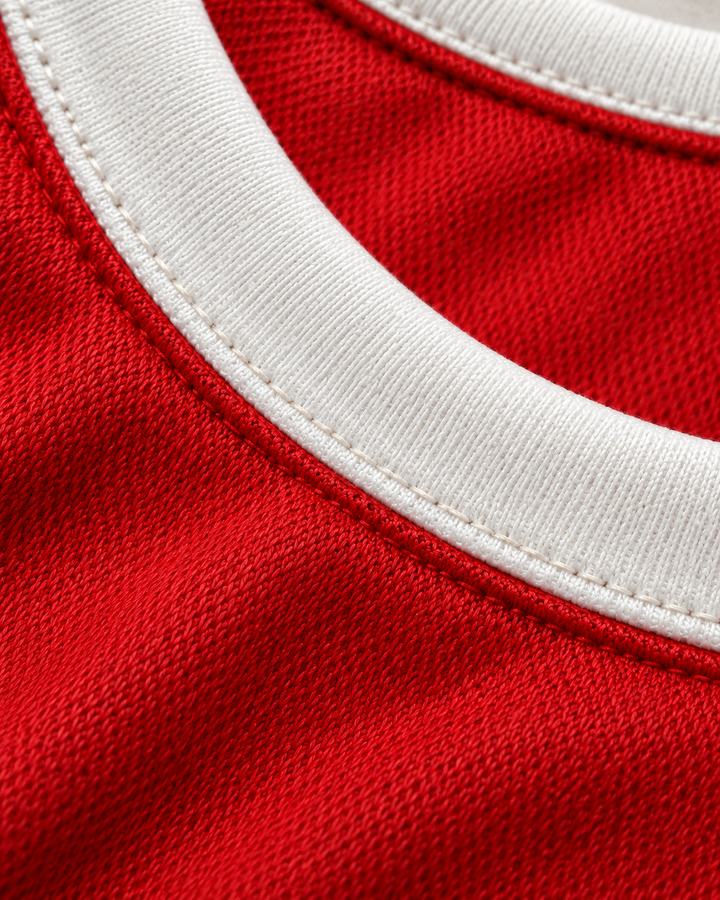 Neckline and fabric detail product mockup of Westsiders 1 Red Rucker Park Basketball Jersey.