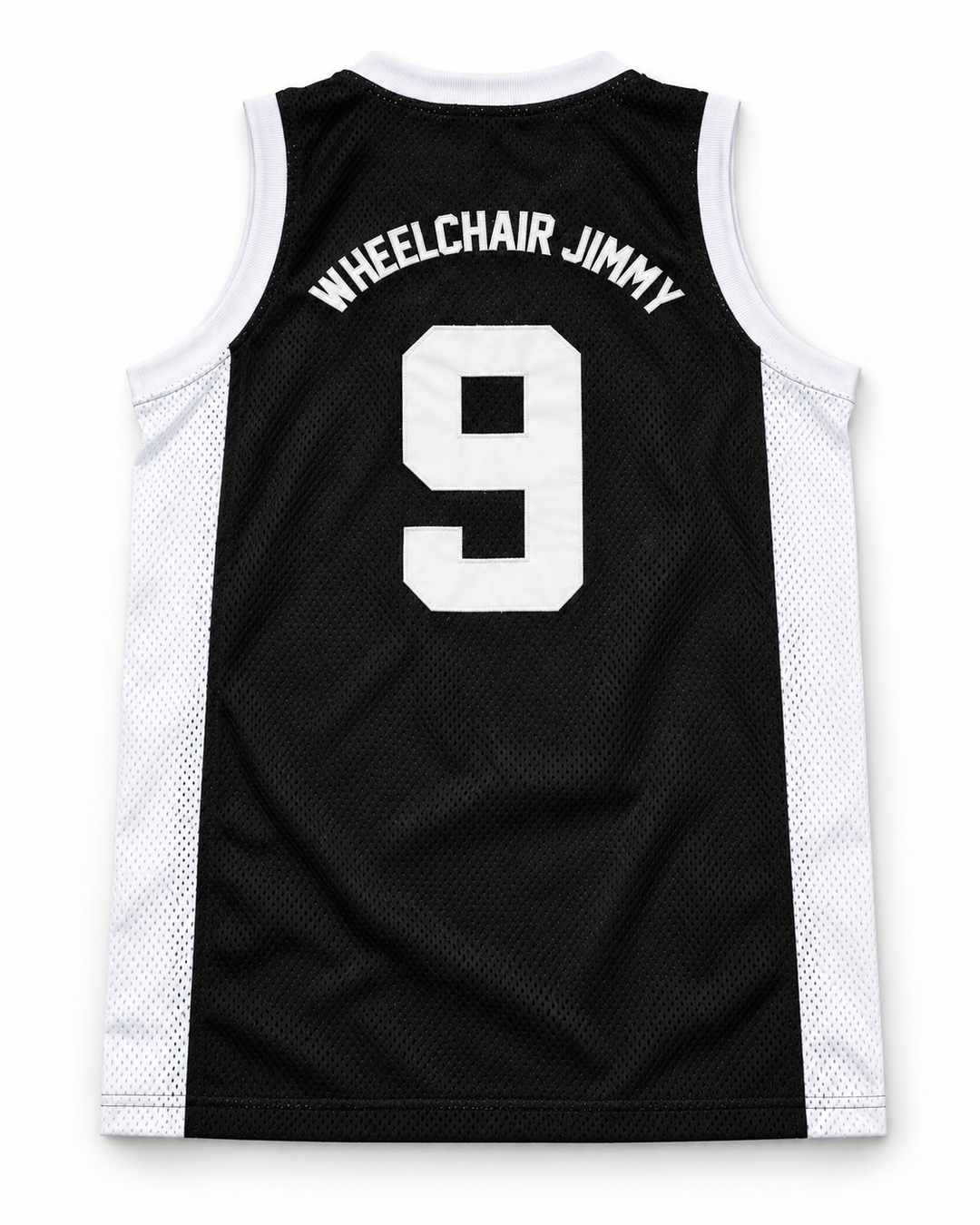 Back product mockup of Wheelchair Jimmy 9 Degrassi Community School Panthers Black Basketball Jersey.