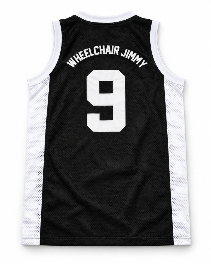 Back product mockup of Wheelchair Jimmy 9 Degrassi Community School Panthers Black Basketball Jersey.