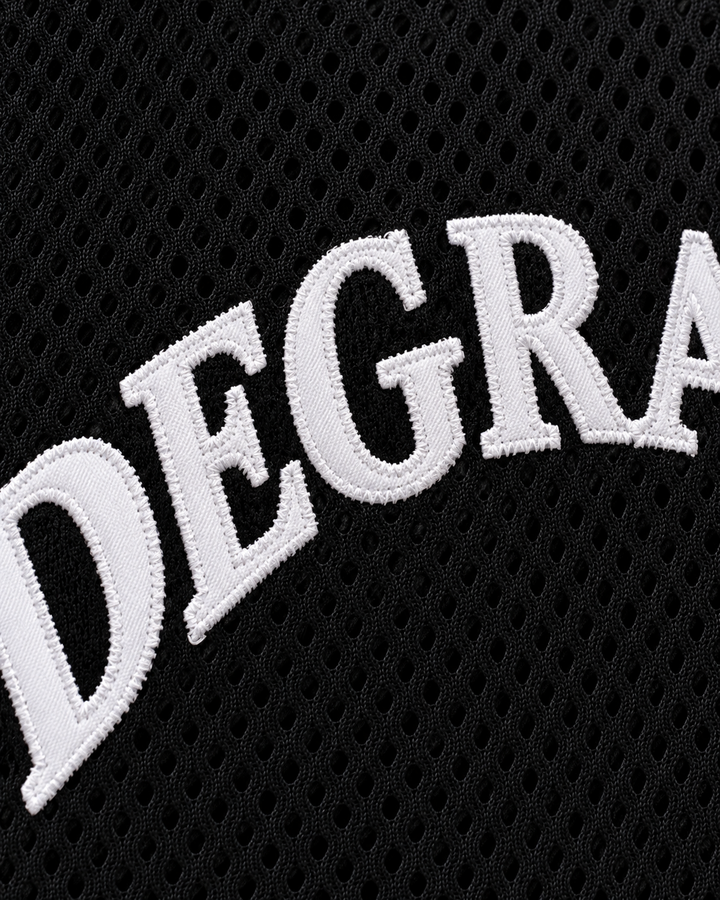 Embroidery detail product mockup of Wheelchair Jimmy 9 Degrassi Community School Panthers Black Basketball Jersey.