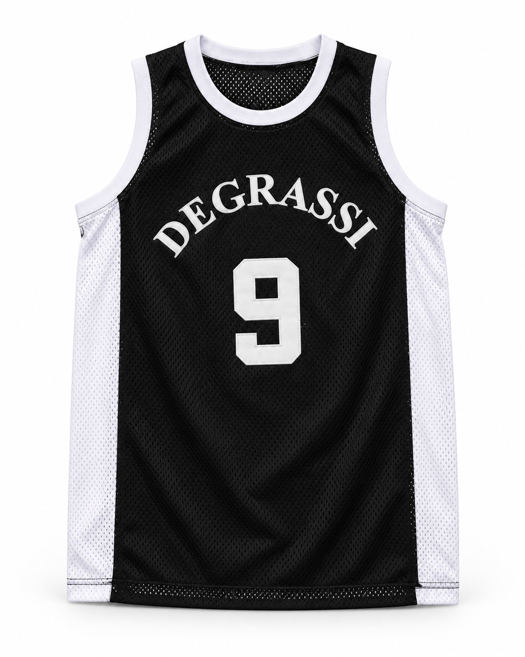 Front product mockup of Wheelchair Jimmy 9 Degrassi Community School Panthers Black Basketball Jersey.