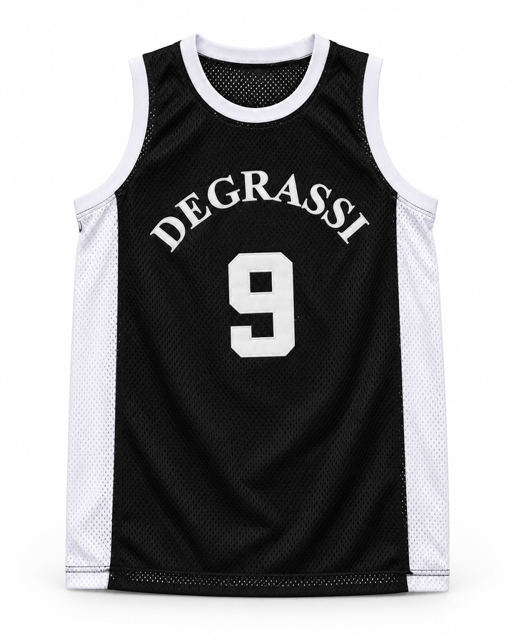 Front product mockup of Wheelchair Jimmy 9 Degrassi Community School Panthers Black Basketball Jersey.