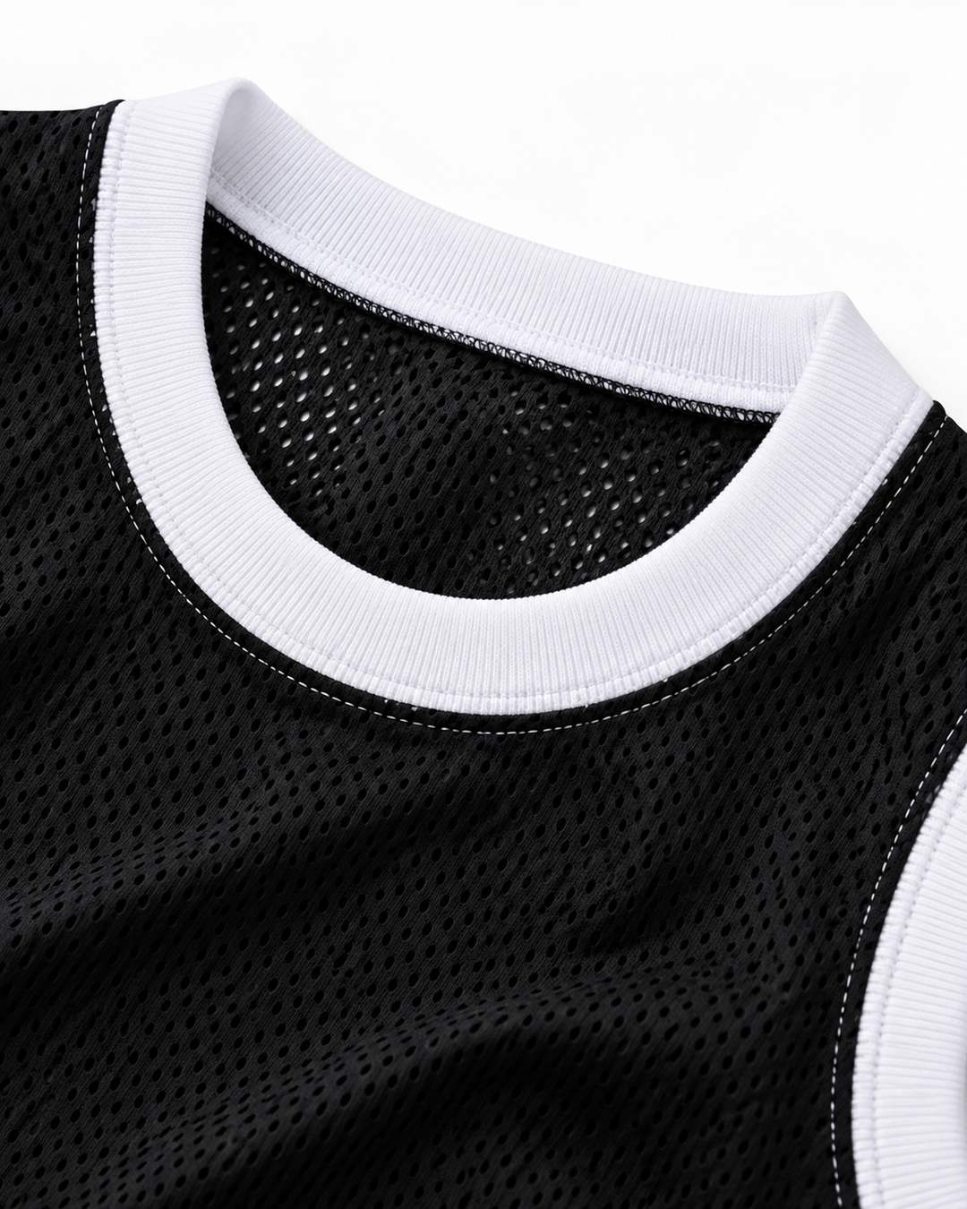 Neckline and fabric detail product mockup of Wheelchair Jimmy 9 Degrassi Community School Panthers Black Basketball Jersey.