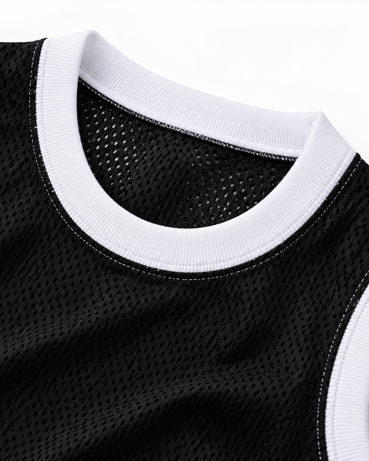 Neckline and fabric detail product mockup of Wheelchair Jimmy 9 Degrassi Community School Panthers Black Basketball Jersey.