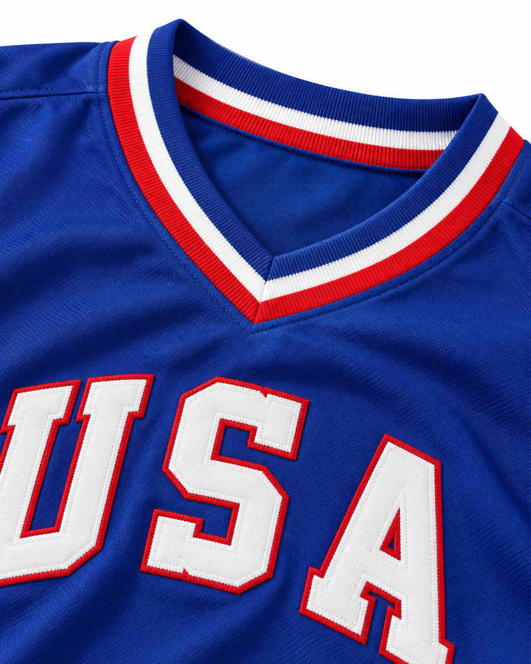 Neckline and fabric detail product mockup of Will Clark 23 1984 USA Team Blue Baseball Jersey.