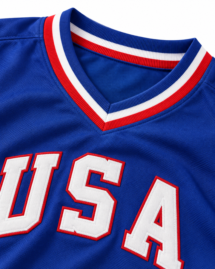 Neckline and fabric detail product mockup of Will Clark 23 1984 USA Team Blue Baseball Jersey.