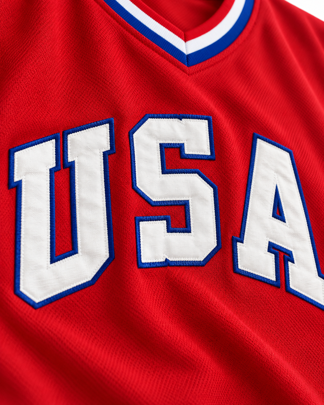 Embroidery detail product mockup of Will Clark 23 1984 USA Team Red Baseball Jersey.