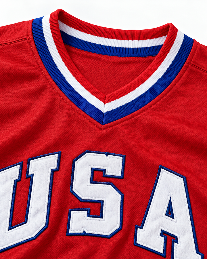 Neckline and fabric detail product mockup of Will Clark 23 1984 USA Team Red Baseball Jersey.