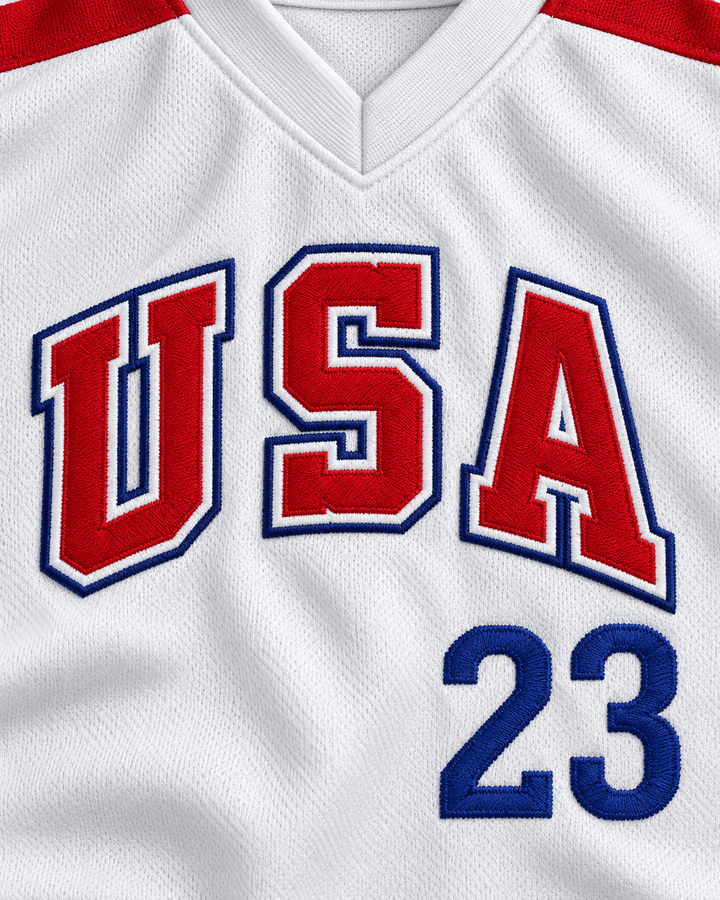 Embroidery detail product mockup of Will Clark 23 1984 USA Team White Baseball Jersey.