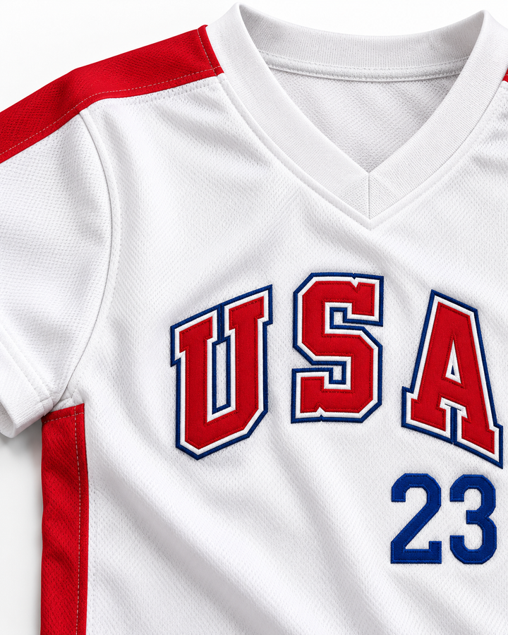 Neckline and fabric detail product mockup of Will Clark 23 1984 USA Team White Baseball Jersey.