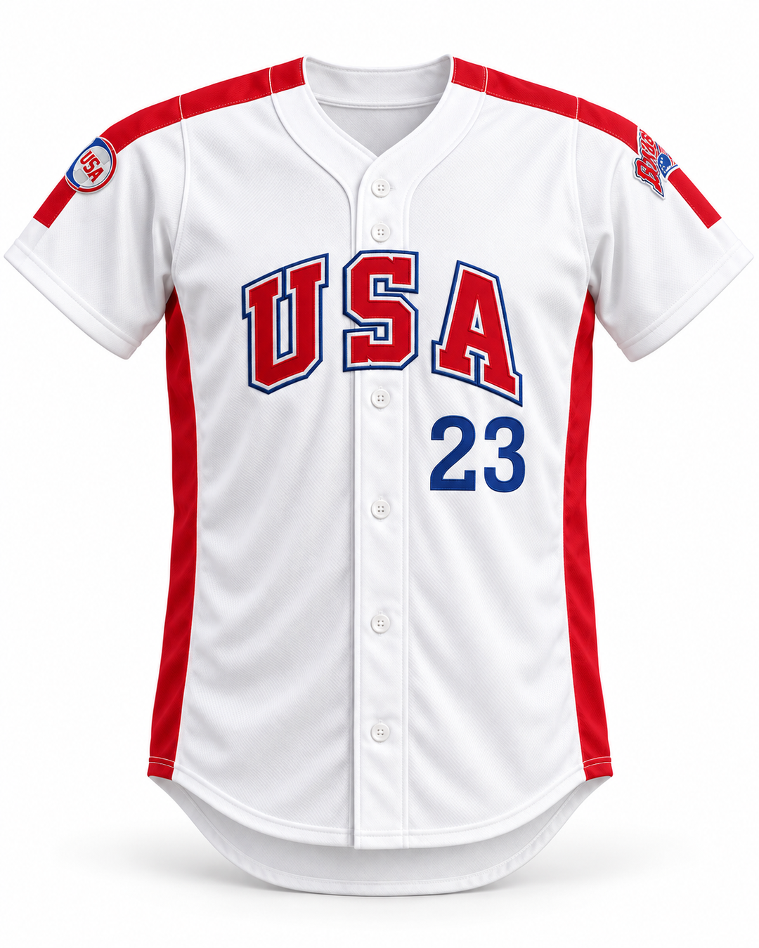 Front product mockup of Will Clark 23 1984 USA Team White Button Down Baseball Jersey.