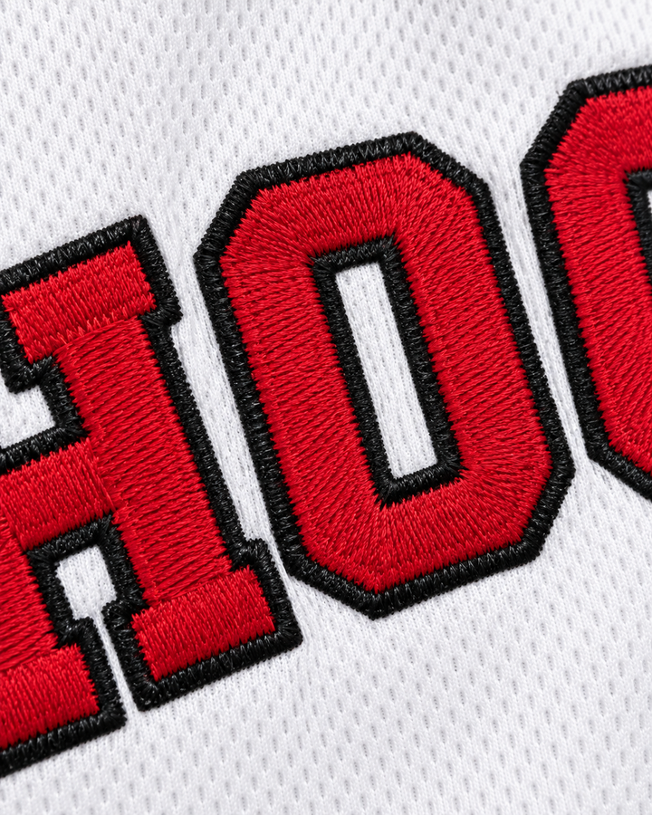 Embroidery detail product mockup of Willie McGee 4 Ohio Shooting Stars AAU White More Than A Game Basketball Jersey.