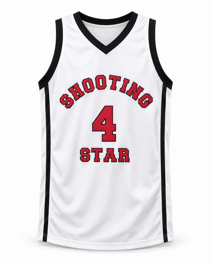 Front product mockup of Willie McGee 4 Ohio Shooting Stars AAU White More Than A Game Basketball Jersey.