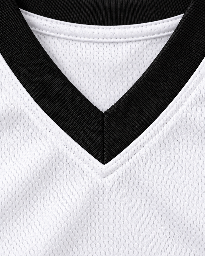 Neckline and fabric detail product mockup of Willie McGee 4 Ohio Shooting Stars AAU White More Than A Game Basketball Jersey.
