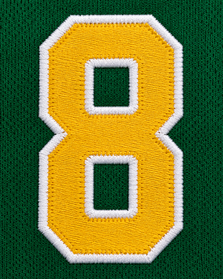 Embroidery detail product mockup of Wiz Khalifa 8 N. Hale High School Basketball Jersey Young, Wild and Free.