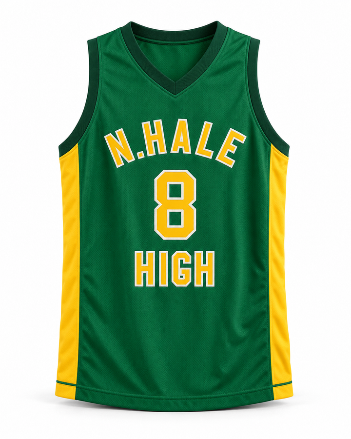 Front product mockup of Wiz Khalifa 8 N. Hale High School Basketball Jersey Young, Wild and Free.