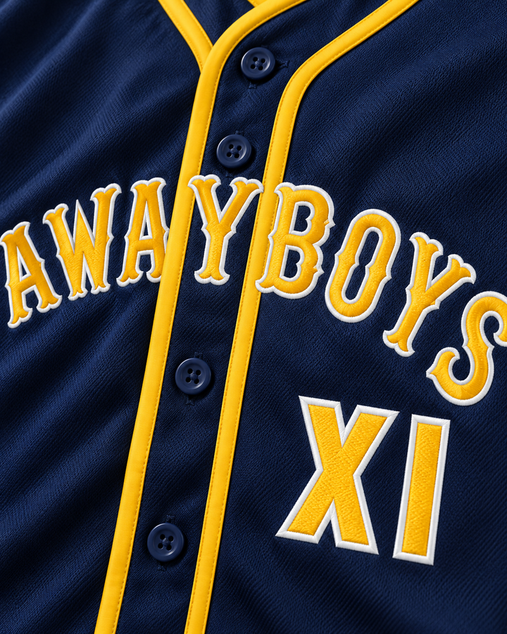 Embroidery detail product mockup of Wrestler Diesel XI Awayboys Rock N' Jock 1995 Baseball Jersey.