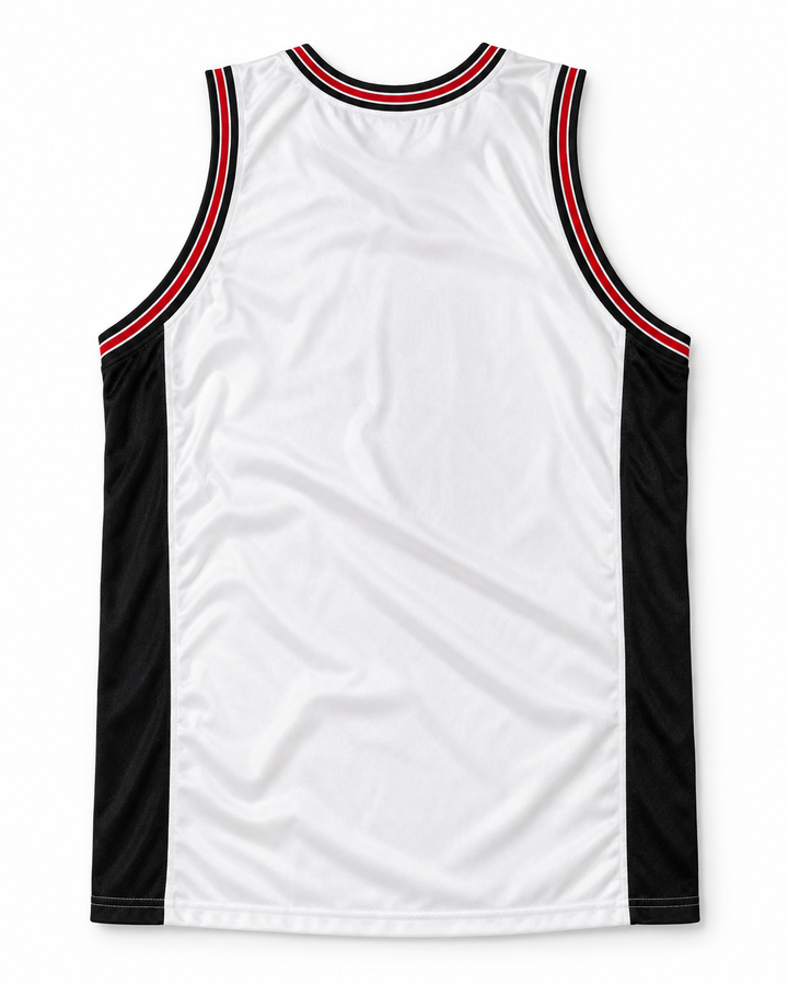 Back product mockup of YMCMB Young Money Cash Money Billionaires White Basketball Jersey.