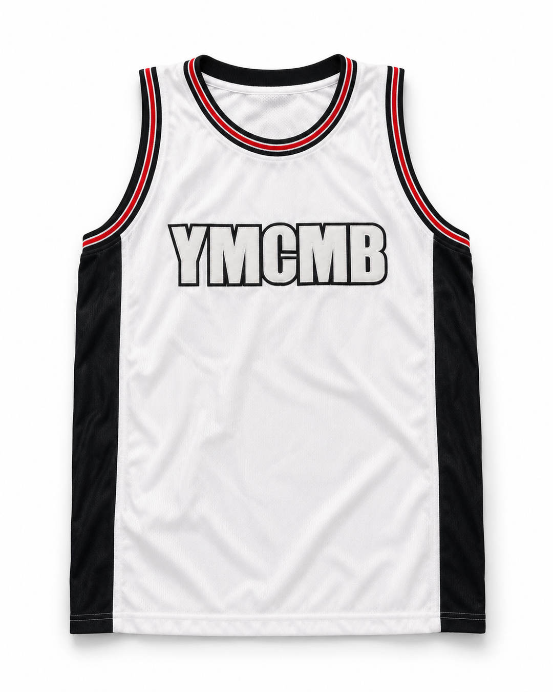Front product mockup of YMCMB Young Money Cash Money Billionaires White Basketball Jersey.