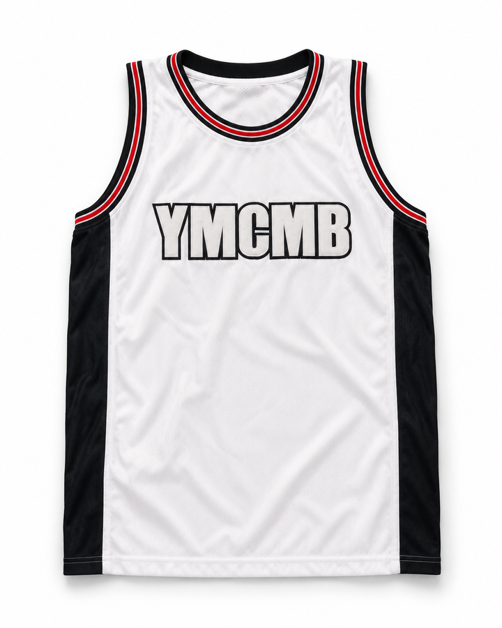 Front product mockup of YMCMB Young Money Cash Money Billionaires White Basketball Jersey.