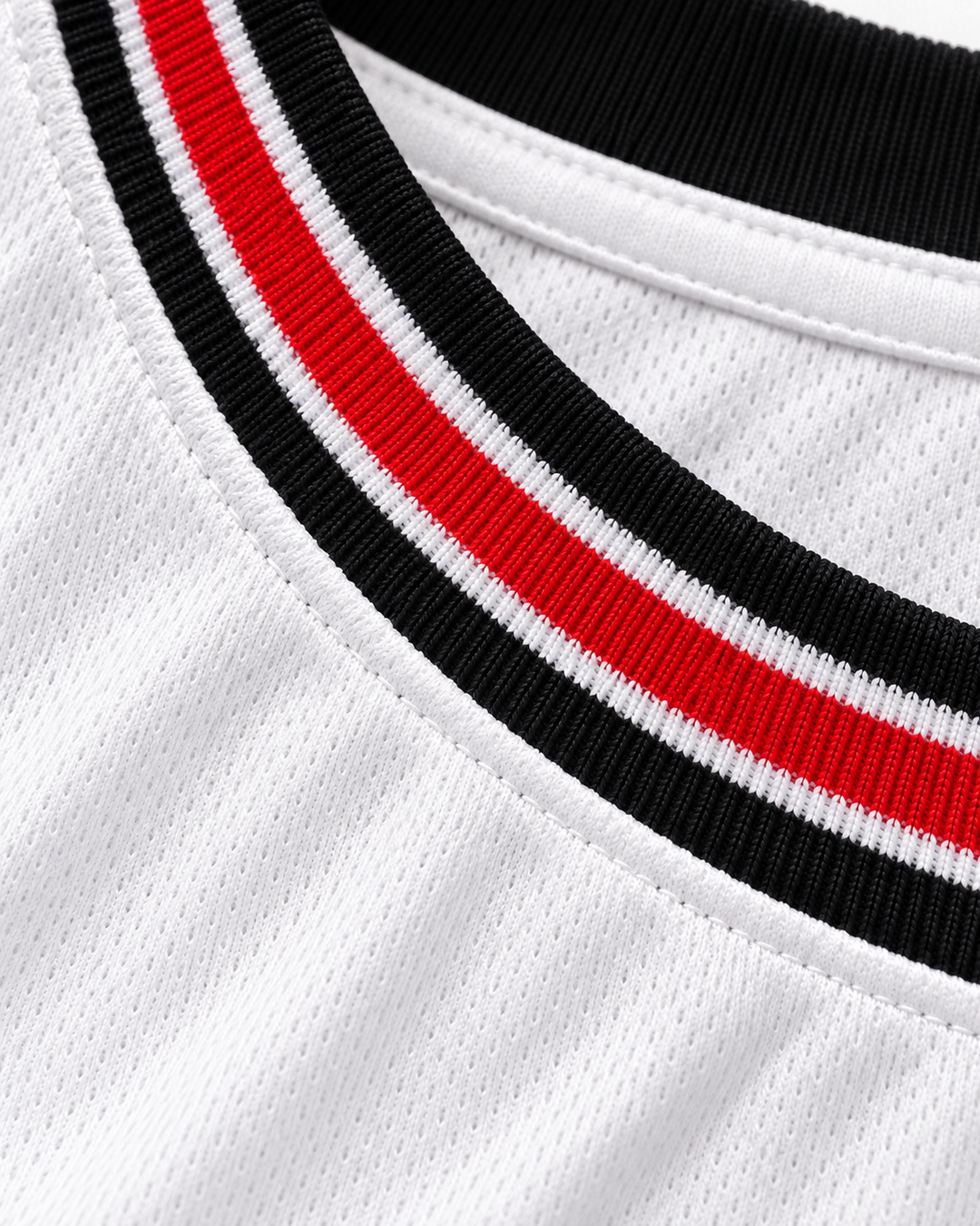 Neckline and fabric detail product mockup of YMCMB Young Money Cash Money Billionaires White Basketball Jersey.