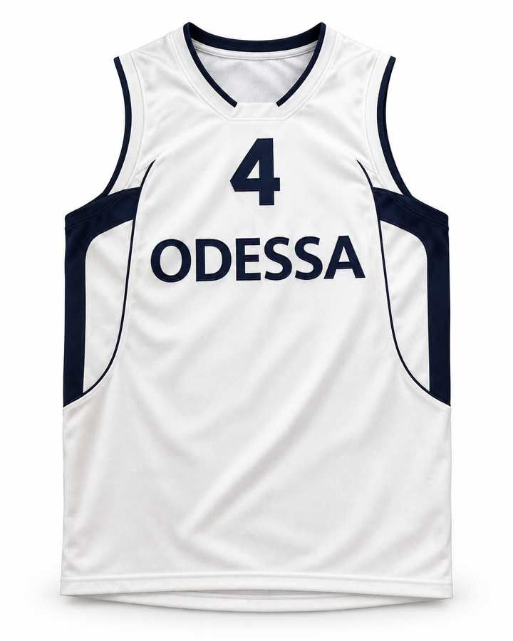 Front product mockup of Yushkin 4 BC Odessa Ukraine White Basketball Jersey.