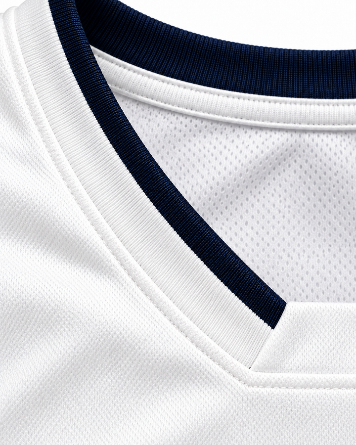 Neckline and fabric detail product mockup of Yushkin 4 BC Odessa Ukraine White Basketball Jersey.