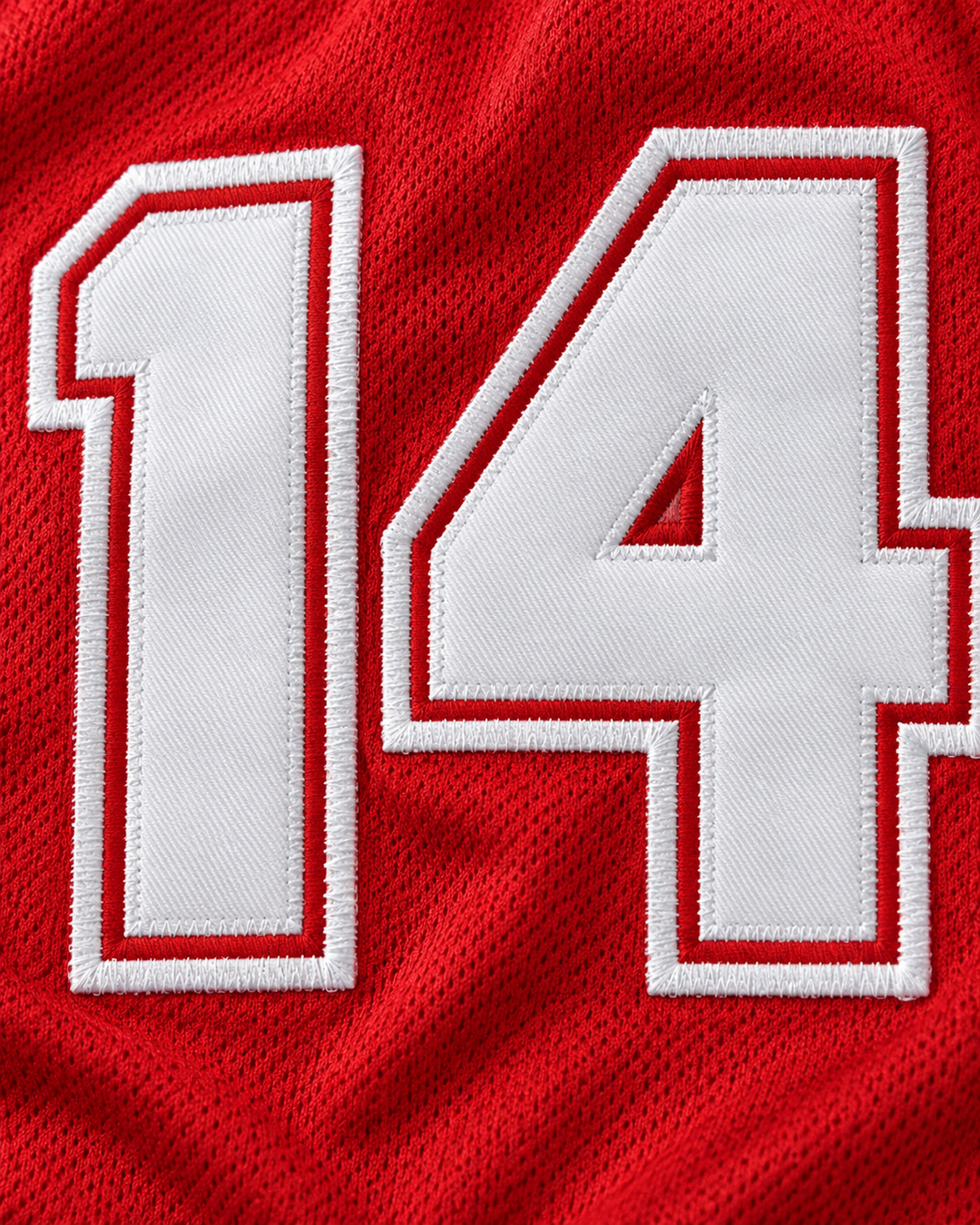 Embroidery detail product mockup of Zac Efron Troy Bolton 14 East High School Wildcats Home Basketball Jersey.