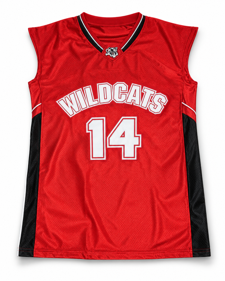 Front product mockup of Zac Efron Troy Bolton 14 East High School Wildcats Home Basketball Jersey.