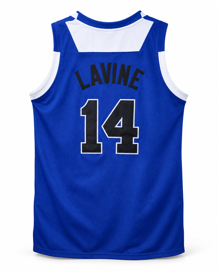 Back product mockup of Zach LaVine 14 Bothell High School Cougars Blue Basketball Jersey.