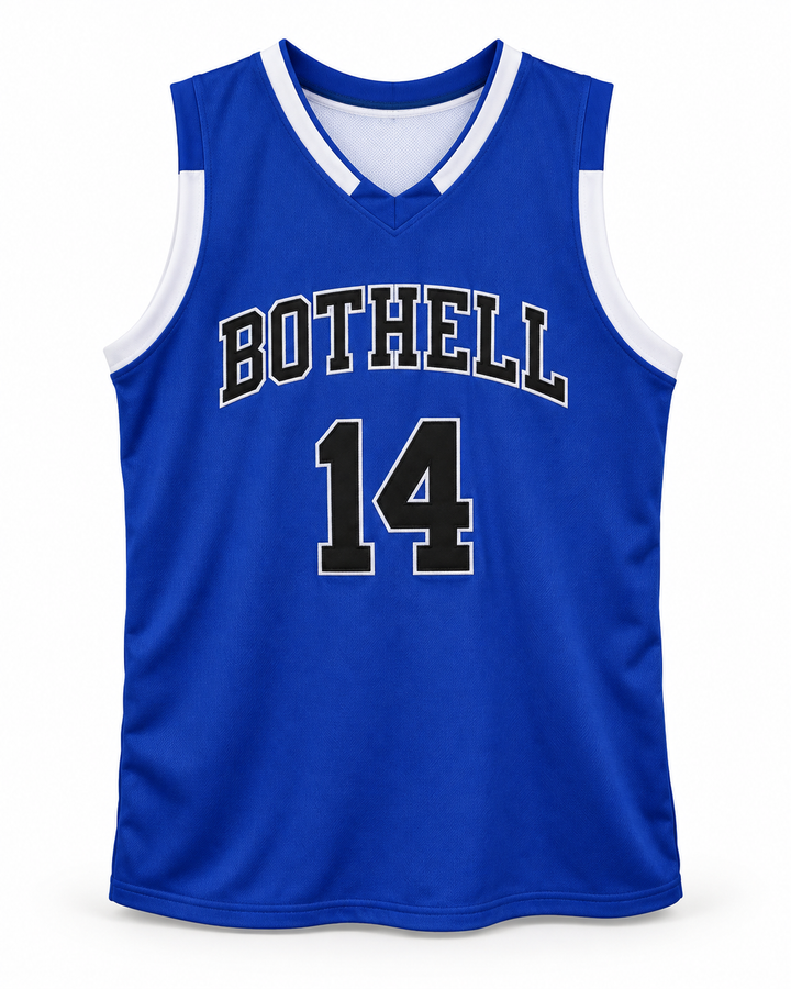 Front product mockup of Zach LaVine 14 Bothell High School Cougars Blue Basketball Jersey.