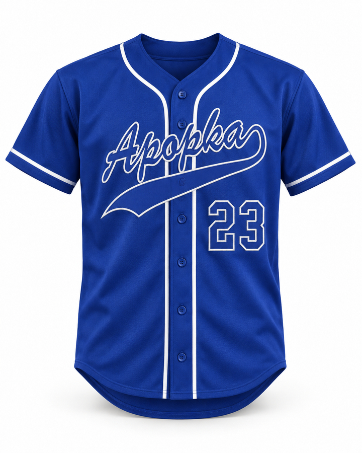 Front product mockup of Zack Greinke 23 Apopka High School Darters Blue Baseball Jersey 2.