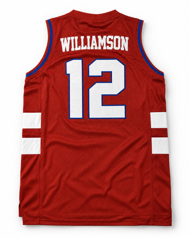 Back product mockup of Zion Williamson 12 Day School Griffins Red Alternate Basketball Jersey.